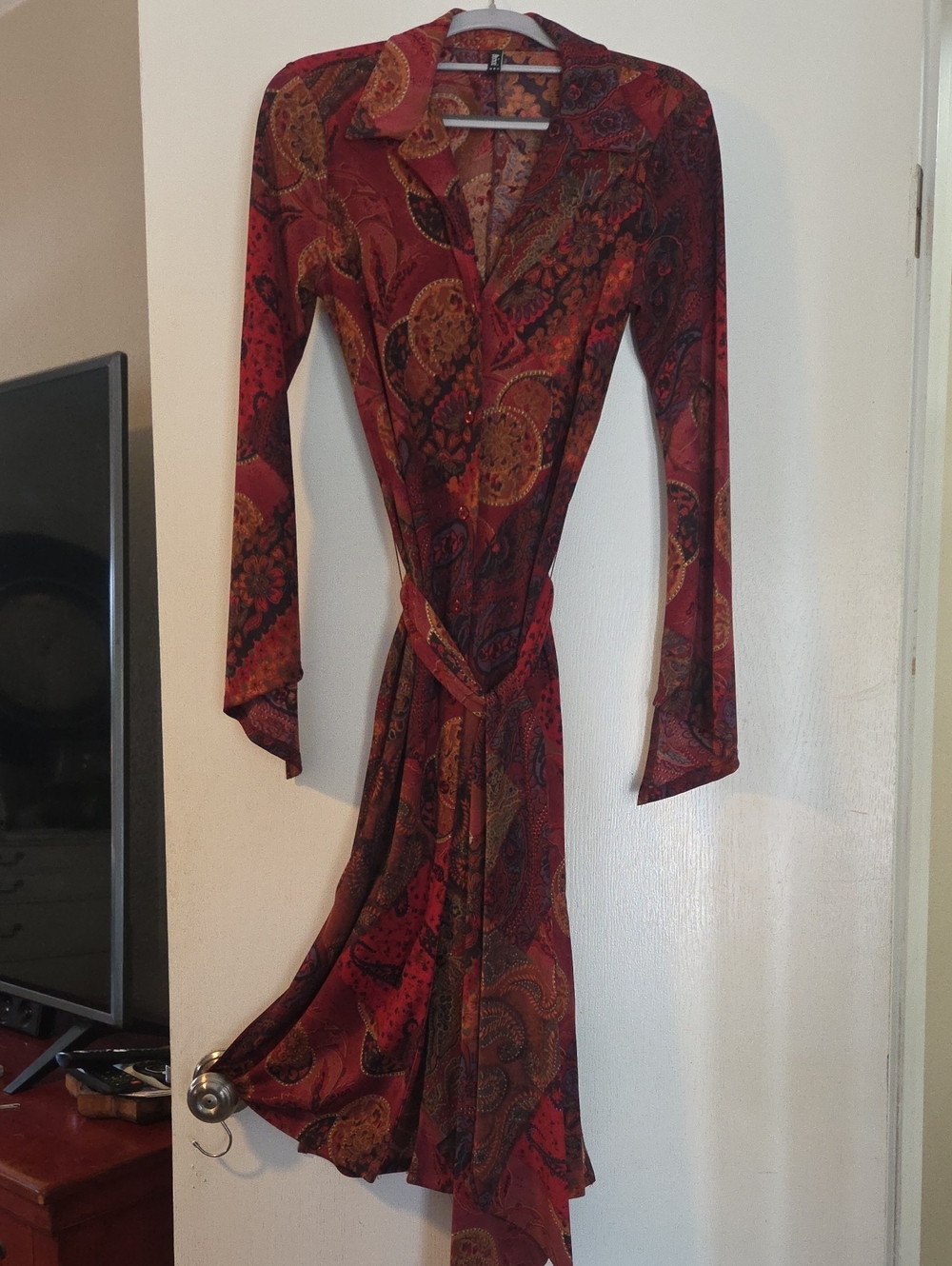 70s Red Paisley Long-Sleeve Button Front Dress